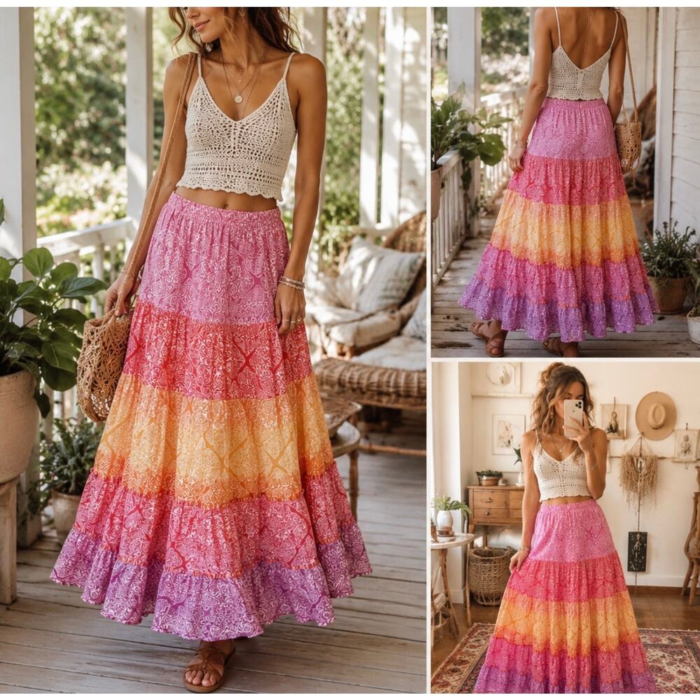 90s Y2K Choices Sz S 100% Cotton Tiered Sunset Rainbow Paisley Print Skirt EUC
